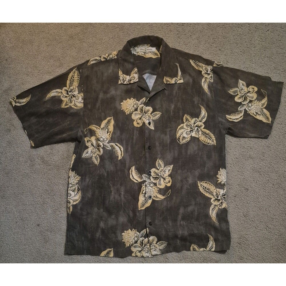 Tommy Bahama Shirt Men's Dark Brown Floral Hawaiian Silk Button Up Size Large